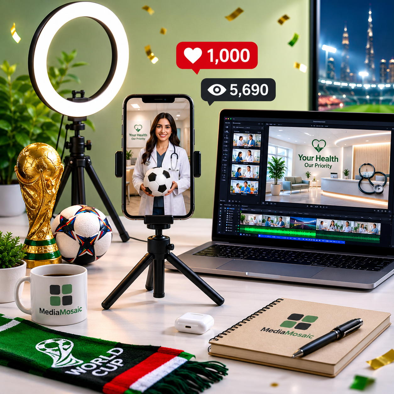Modern content creation workspace with phone tripod and ring light
